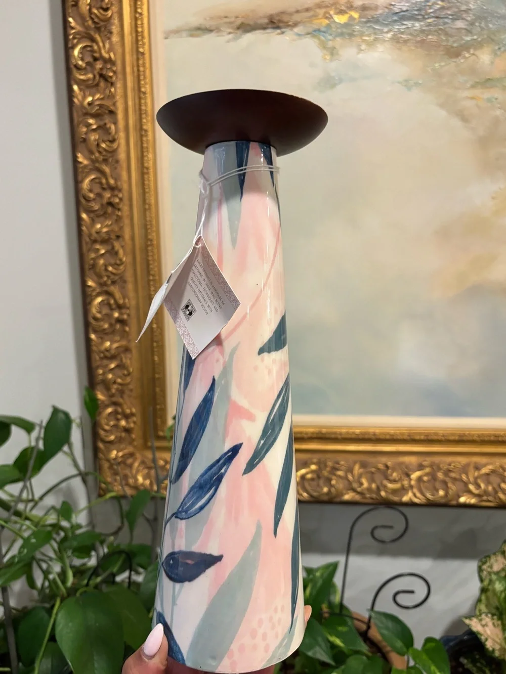Global Artisans Blue & Pink Leaf Candle Holder